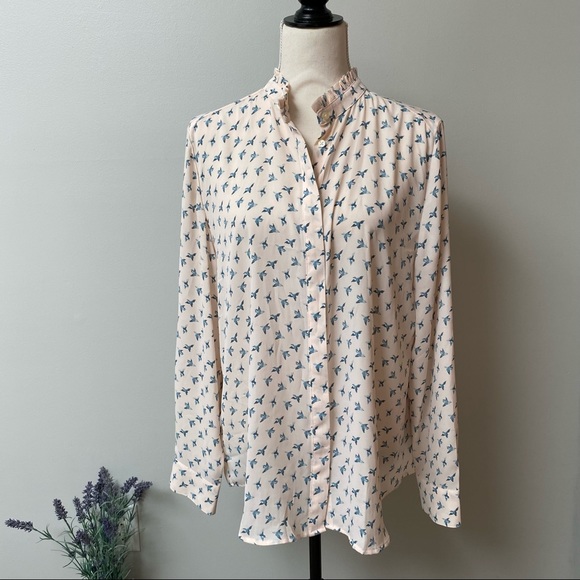 LOFT Bird Print Button Front Ruffle Neck Blouse Light Pink Blue - Picture 2 of 12